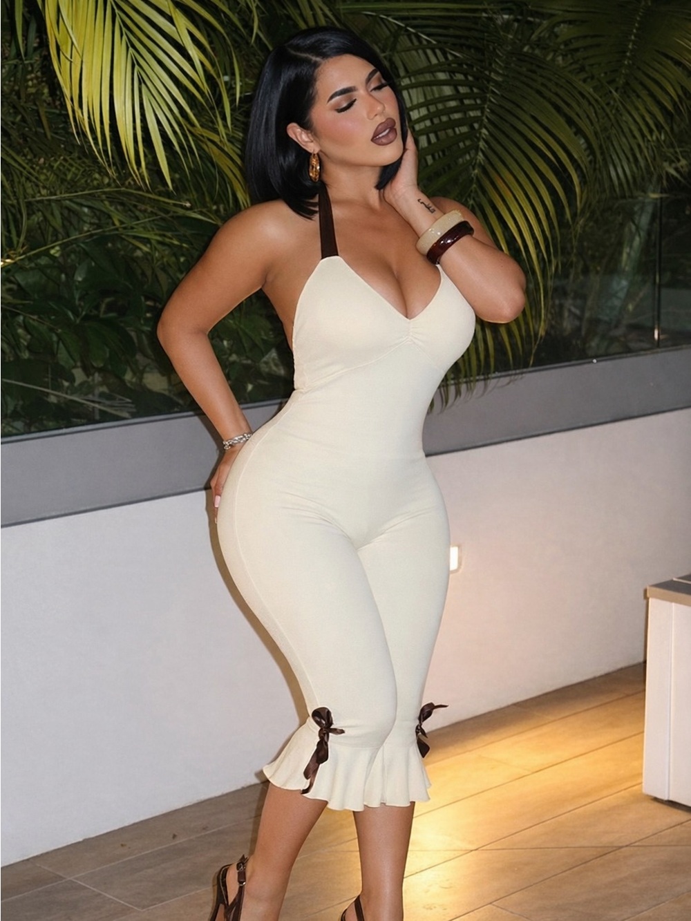Sleeveless White Halter Jumpsuit Dress with Ruffle Hem